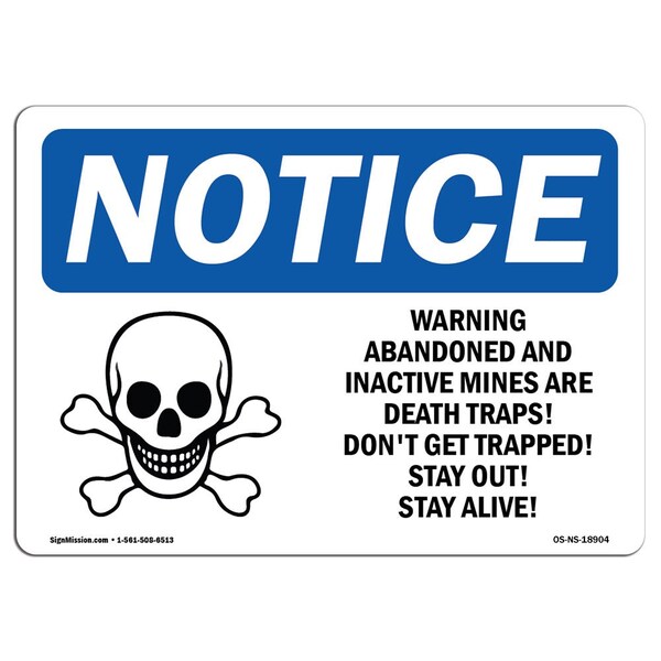 Safety Sign, OSHA Notice, 12" Height, Warning Abandoned And Inactive Sign With Symbol, Landscape